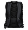 A black backpack featuring a padded back and adjustable straps, with a logo present.