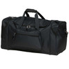 A black duffle bag with a front zipper pocket and dual handles for carrying. It features a logo on the side.