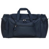 A navy blue duffle bag with a large main compartment, side pockets, and a front zippered pocket. It has a logo.