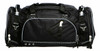 A black duffle bag featuring multiple zippered compartments and adjustable straps. It has a sleek design with a branding logo.