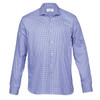 A blue and white check button-up shirt with long sleeves and a collar, featuring a branded label.