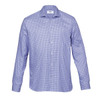 A men's button-up shirt featuring a purple and white check pattern, crafted from breathable fabric, with a collar and logo.