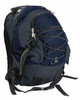 A dark navy and grey backpack featuring zippers, adjustable straps, and a logo.