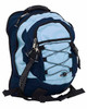A blue and navy backpack featuring multiple compartments, adjustable straps, and a logo.