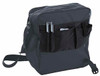 A black messenger bag with multiple pockets and a shoulder strap. It features a zipped closure and a logo.