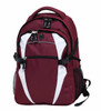 A maroon and white backpack with multiple compartments, zippers, and a side mesh pocket. It features a logo.