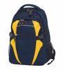 A navy and yellow backpack with multiple compartments and mesh side pockets. It features a logo on the front.