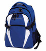 A blue and white backpack with multiple compartments and a side mesh pocket. It features a logo on the front.