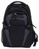 A black backpack with grey accents featuring multiple compartments and side mesh pockets. It has a logo and zippers.