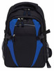 A black backpack with blue accents, featuring multiple zippers and side mesh pockets. It has a logo on the front.