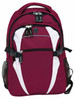 A maroon and white backpack featuring multiple compartments, zippers, and a mesh side pocket. It has a logo.