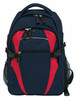 A navy blue and red backpack with multiple compartments and a mesh side pocket. It features a logo on the front.