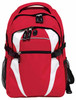 A red and white backpack featuring multiple compartments and a mesh side pocket. It includes a logo.