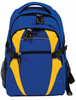 A blue and yellow Spliced Zenith Backpack featuring multiple compartments and a side mesh pocket. It has a branding logo.