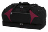 A black duffle bag with maroon accents, featuring multiple zippered compartments and a sturdy handle.