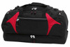 A black duffle bag with red accents, featuring multiple zippers and compartments, and includes a logo.