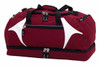 A maroon duffle bag with white accents and multiple zipper compartments, featuring a logo.