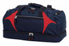 A navy blue duffle bag with red accents, featuring multiple zippers and carrying handles, plus a logo.