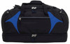 A black duffle bag with blue accents, featuring multiple zippered compartments and sturdy handles.