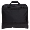 A black garment bag with two top handles, featuring a sleek design and a small metal attachment.