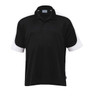 A black polo shirt with white sleeves and a collar, featuring a logo on the chest.