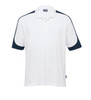 A white polo shirt with navy blue accents on the sleeves and a collar. It features a logo on the chest.