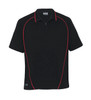 A black polo shirt with red piping and a collar, featuring a logo on the hem.