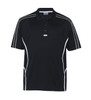 A black polo shirt featuring white accents and a logo, designed for comfort and style.