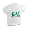A stress-relief T-shirt shaped toy with a logo that reads "R&M Garments."