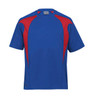 A blue and red short-sleeve t-shirt with a logo. The shirt features a spliced design.