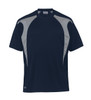 A navy blue t-shirt with grey spliced accents and a logo on the front. Short-sleeved design.