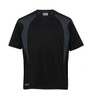 A black and dark grey youth T-shirt featuring spliced design and a logo. Suitable for active wear.
