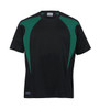 A black T-shirt with green spliced panels, featuring a logo on the lower side. Suitable for youth wear.