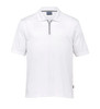 A white polo shirt with a zip collar and a branding logo.