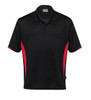 A black polo shirt with red accents, featuring a collar and a logo on the upper part.