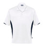 A white polo shirt featuring navy accents, with a collar and a logo on the chest.