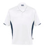 A white polo shirt with navy side panels and a collar, featuring a logo on the chest.