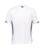 A white t-shirt with black side detailing and a logo, designed for sports and casual wear.