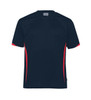 A navy T-shirt with red accents and a logo, designed for youth. It features a sporty style and a relaxed fit.