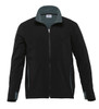 A black soft shell jacket for men with a zip closure and contrasting grey trim. Features a collar and has a logo.