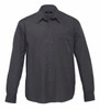 A dark grey button-up shirt with long sleeves and a chest pocket, featuring a collar and branding label.