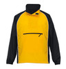 A yellow and black rain jacket with a half-zip front and a small zip pocket, featuring a logo.