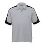 A grey and black Dri Gear Challenger Polo, featuring short sleeves and a collar, with a logo.