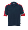 A navy polo shirt with red shoulders and white piping, featuring a logo on the front.
