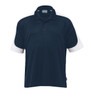 A navy polo shirt with white sleeves, featuring a collar and a logo. Perfect for casual or sporting occasions.
