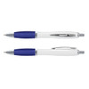 A Vistro Pen with a white barrel and blue grip, featuring chrome accents and a clip for convenience.