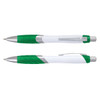 A white pen with green accents and a silver clip, featuring a textured grip and a logo.