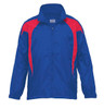 A blue jacket featuring red accents and a logo on the chest. It has a zip closure and a collar.