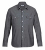 A men's button-up shirt in grey chambray fabric featuring two chest pockets and a collar. It has a logo detail.