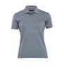 A grey women's polo shirt with a classic collar and short sleeves, featuring a small logo.
